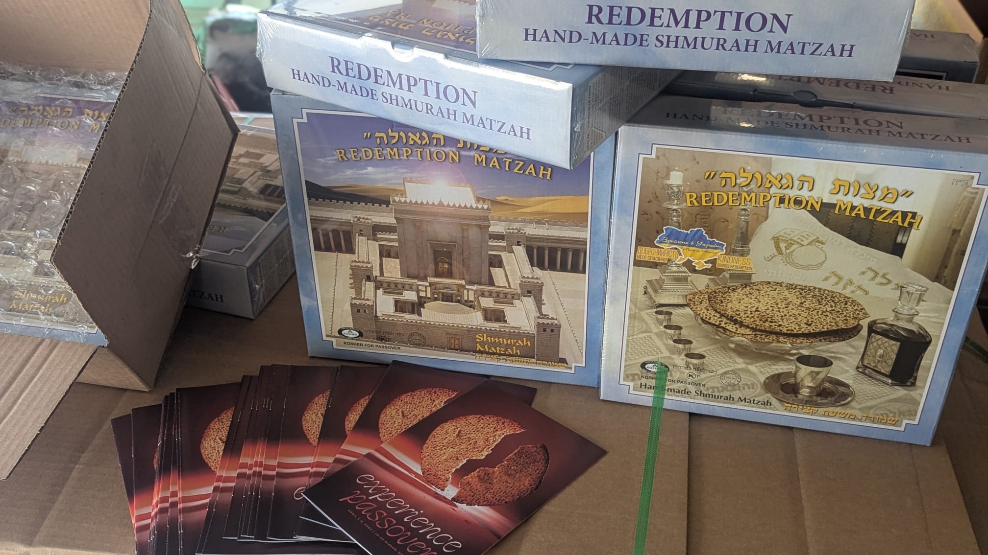 Matzah boxes and pamphlets being prepared for shipping