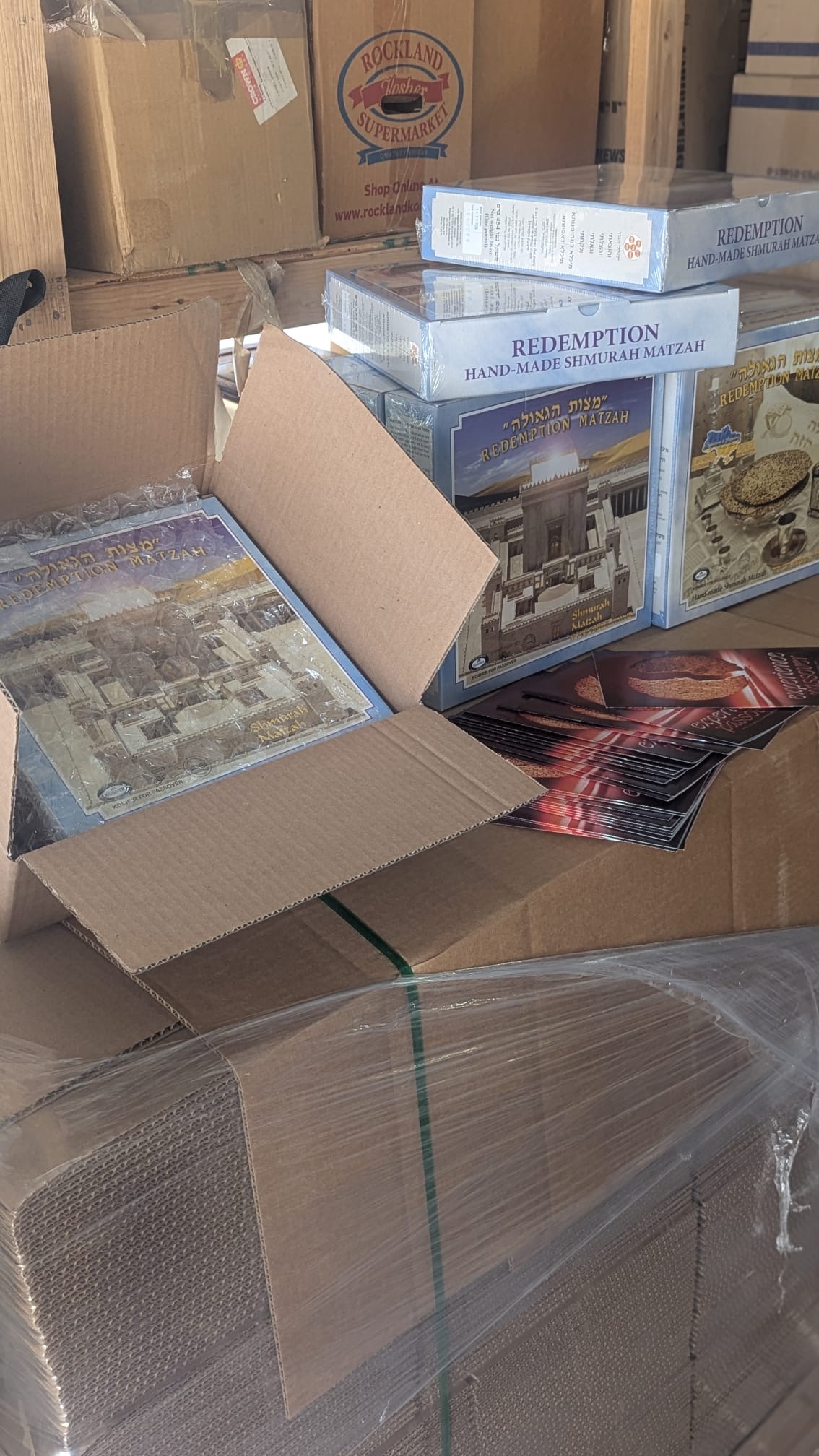 Matzah boxes and shipping supplies in the warehouse